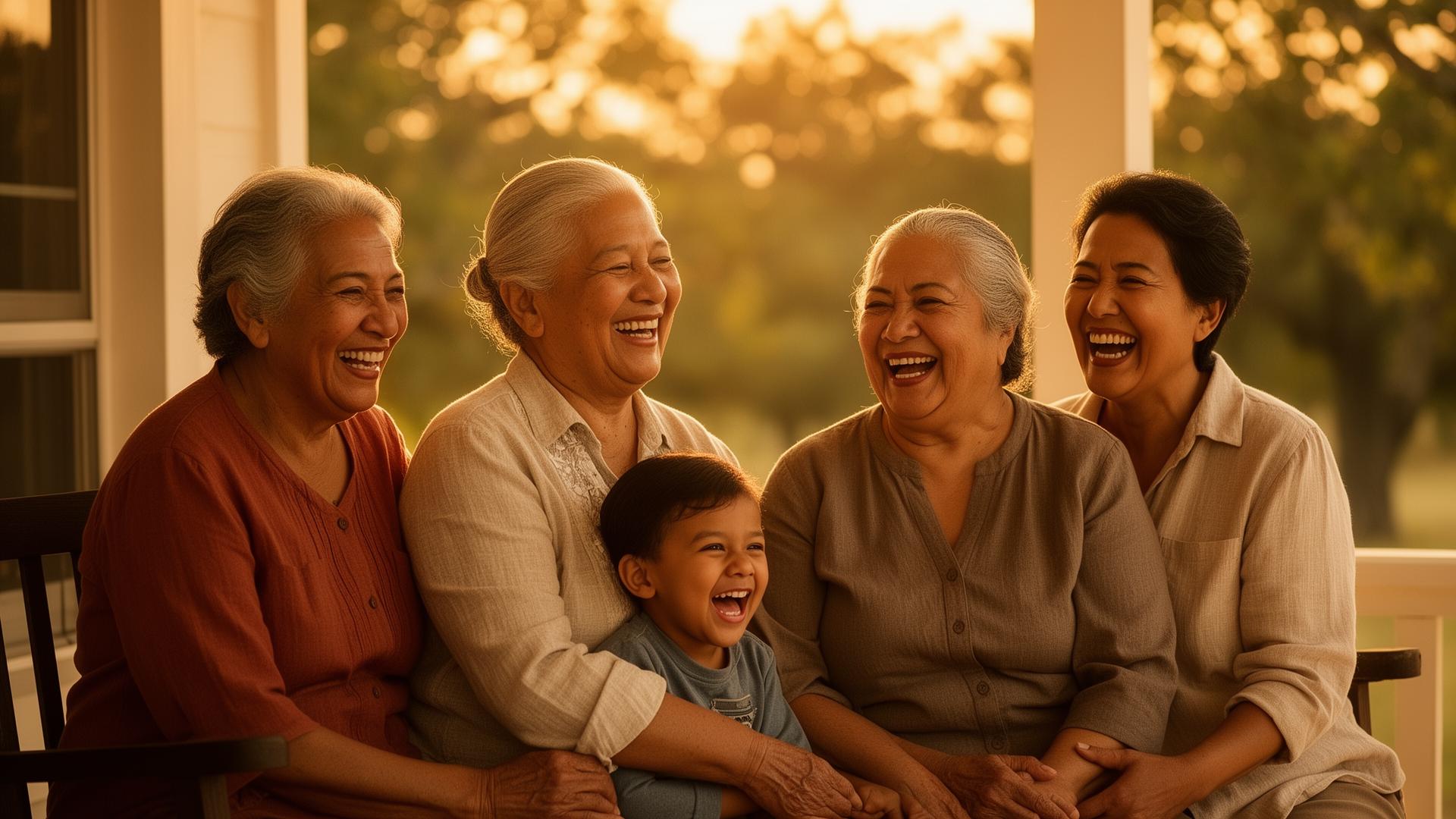 Three generations of a Texas family laughing together on a sunlit front porch at golden hour